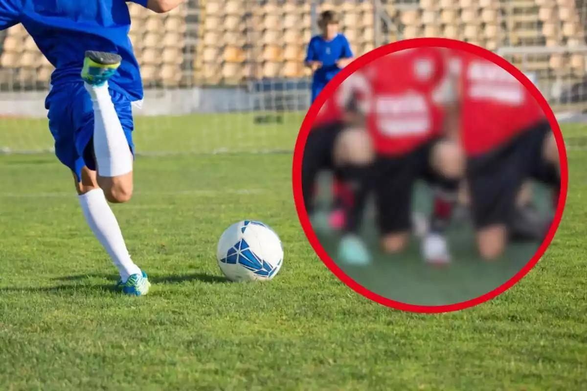 Muntatge de fotos del cadet del CD Urki i, al costat, la imatge de recurs de les cames d?un jugador de futbol sobre el terreny de joc