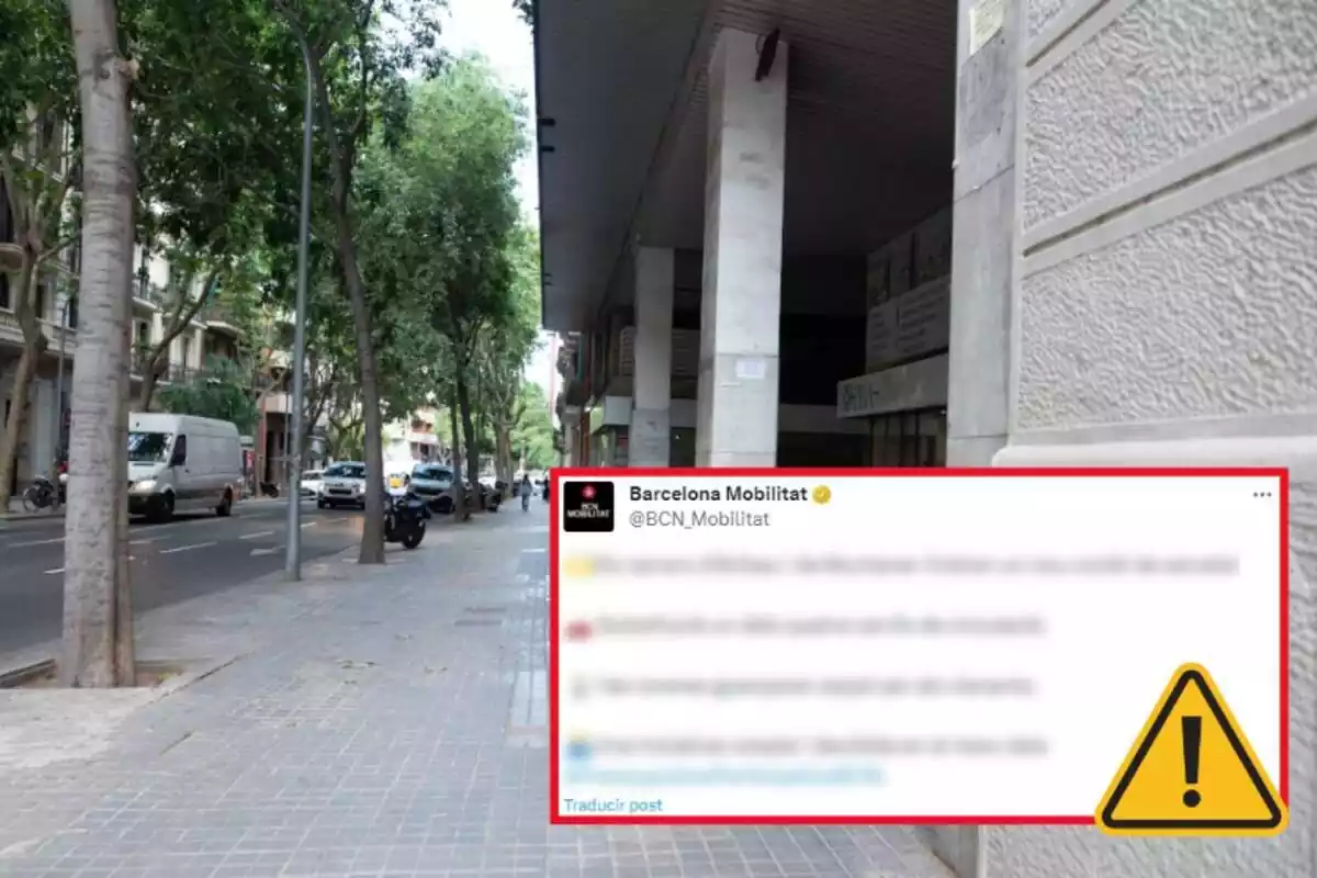 Muntatge de fotos d'un carrer de Barcelona amb un tweet borrós del compte 'Bcn_Mobilitat' i un emoji d'atenció