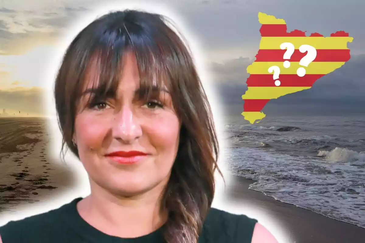 Muntatge de fotos de primer pla de Candela Peña amb rostre mig somrient i, de fons, una imatge d'una platja amb la silueta de Catalunya i interrogants