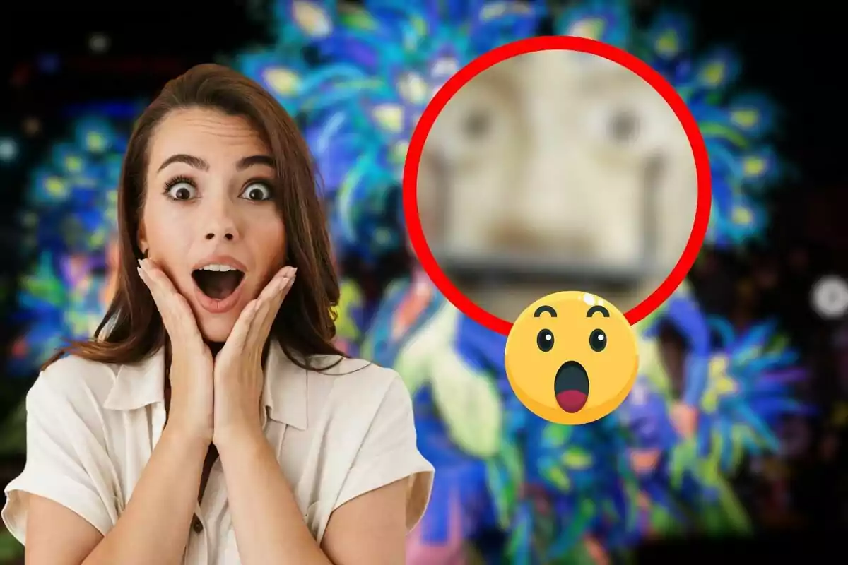 A woman with a surprised expression and a surprised emoji on a colorful background.