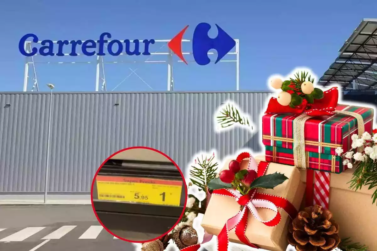 Muntatge de fotos d´una botiga Carrefour i, al costat, la imatge d´una muntanya de regals amb una etiqueta que marca el preu d´1 euro