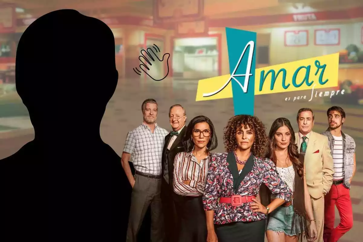 Muntatge de fotos del cartell promocional de la sèrie 'Amar es para siempre' i, al costat, la silueta d'una persona amb l'emoji d'una mà dient adéu