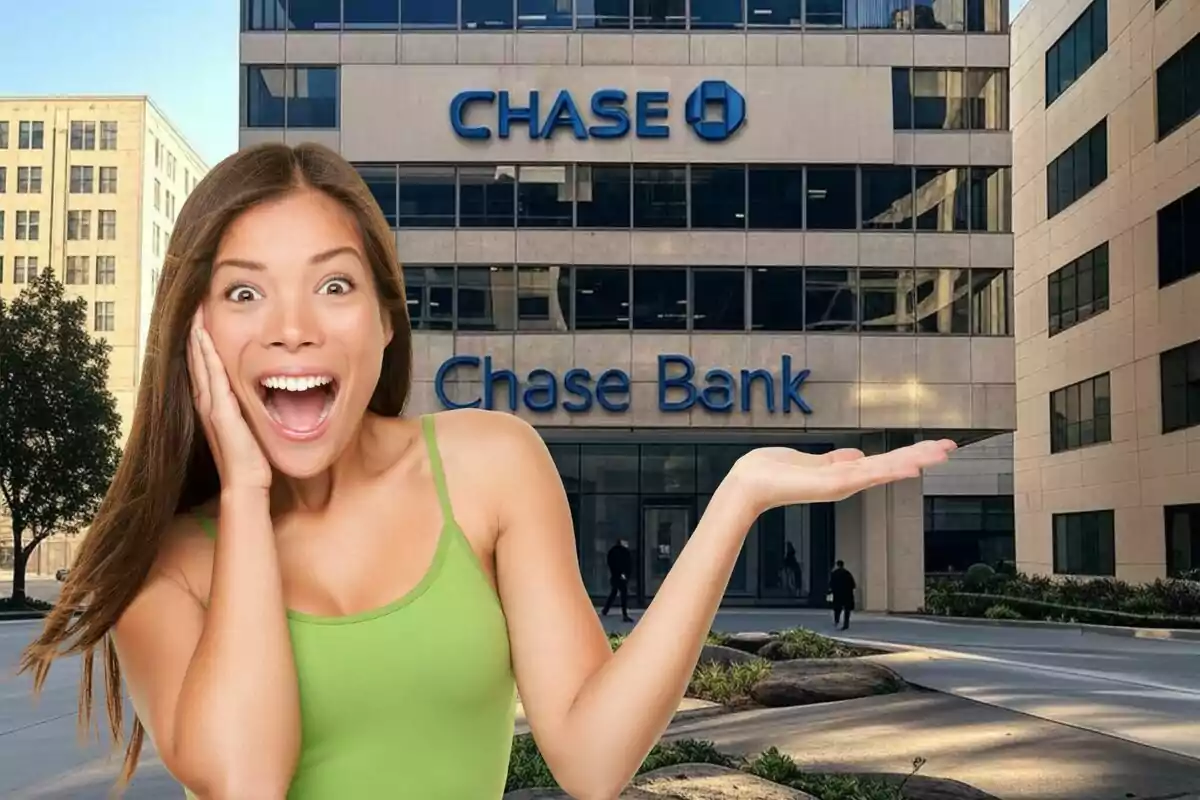A smiling woman with an expression of surprise and excitement in front of a Chase Bank building. A smiling woman with an expression of surprise and excitement in front of a Chase Bank building.