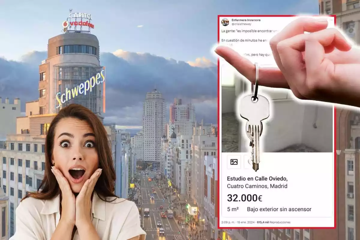 Muntatge de fotos d'un anunci d'un pis a Madrid amb la imatge de la ciutat de fons i, al costat, una dona amb rostre de sorpresa