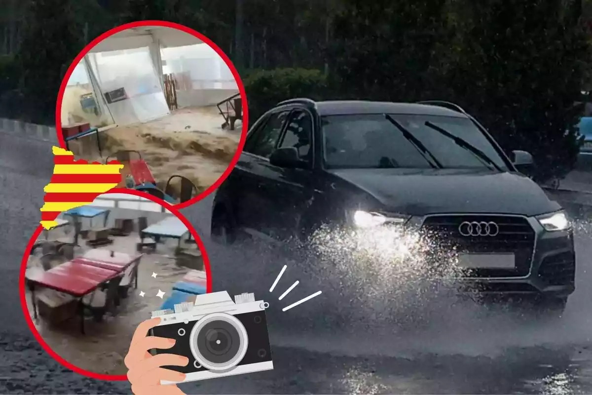 Muntatge de fotos d'un cotxe circulant amb molta pluja que inunda els carrers i, al costat, imatges de les destrosses que ha causat un temporal a Catalunya