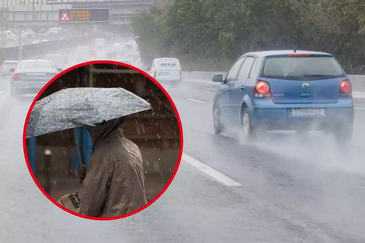 Muntatge de fotos d'un cotxe circulant per una carretera amb molta pluja i, al costat, una persona subjectant un paraigua