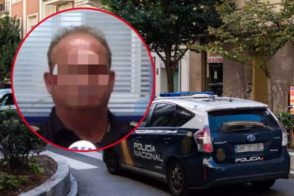 Muntatge de fotos d'un cotxe de policia nacional estacionat al carrer i, al costat, la imatge d'un inspector de policia local d'un municipi gadità amb la cara pixelada