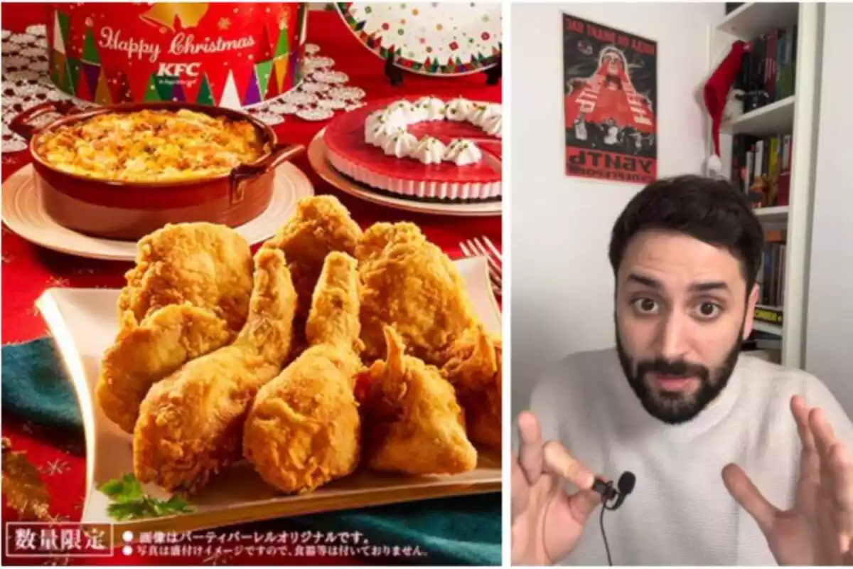 Muntatge de foto del tiktoker Manu Vision i, al costat, una imatge del producte popular de KFC de Japó per Nadal