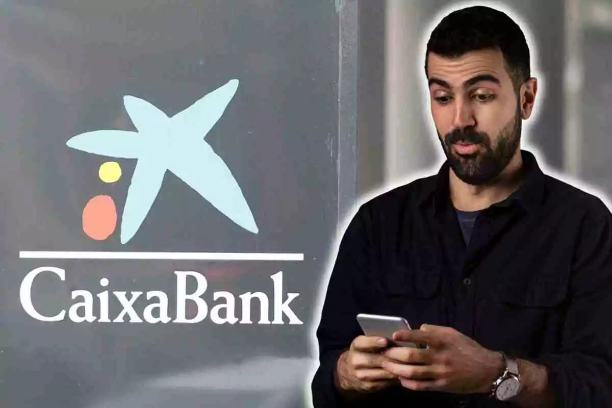 Home amb expressió de sorpresa mirant el seu telèfon mòbil al costat del logotip de CaixaBank Home amb expressió de sorpresa mirant el seu telèfon mòbil al costat del logotip de CaixaBank