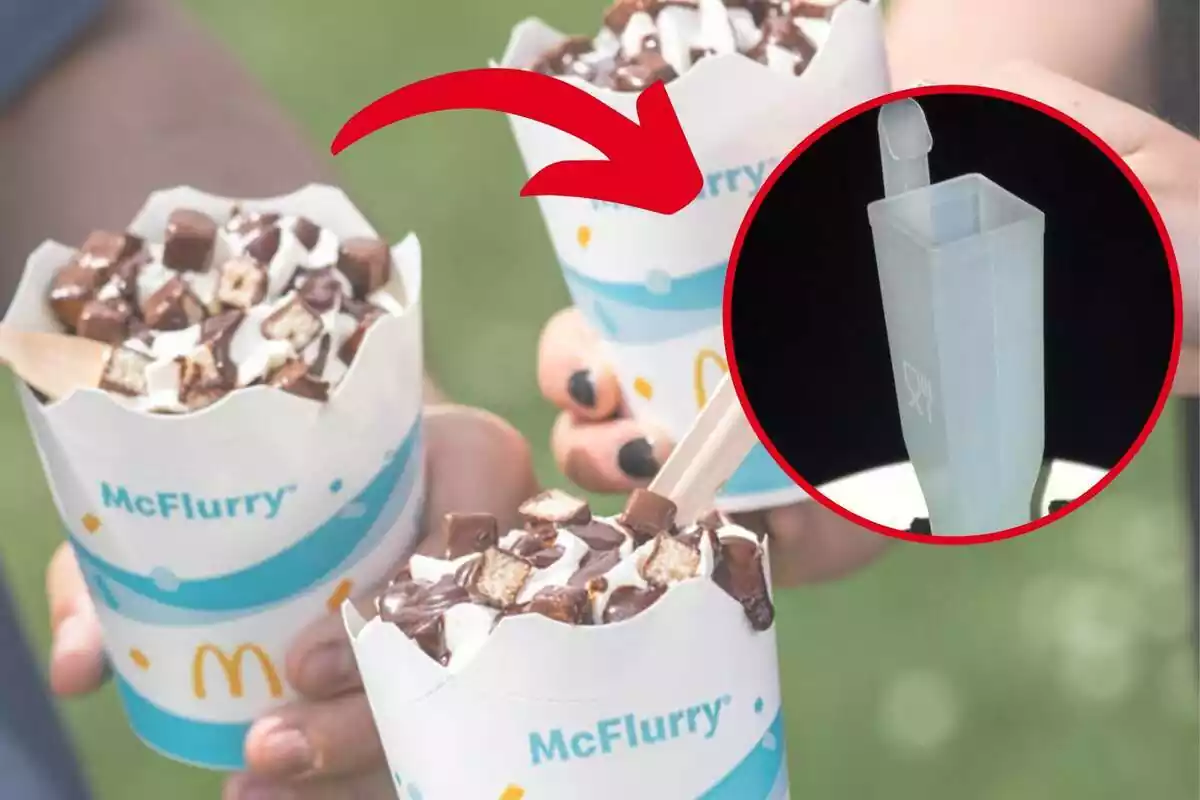 Muntatge de fotos de tres McFlurrys, producte de McDonald's, ia l'interior d'un cercle, una imatge de la cullera peculiar que inclou la compra d'aquest producte