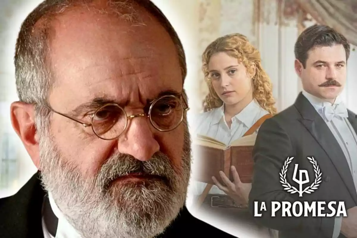 Joaquín Climent amb ulleres i barba apareix en primer pla mentre una dona amb un llibre i un home amb vestit estan al fons al costat del logotip de "La Promesa".