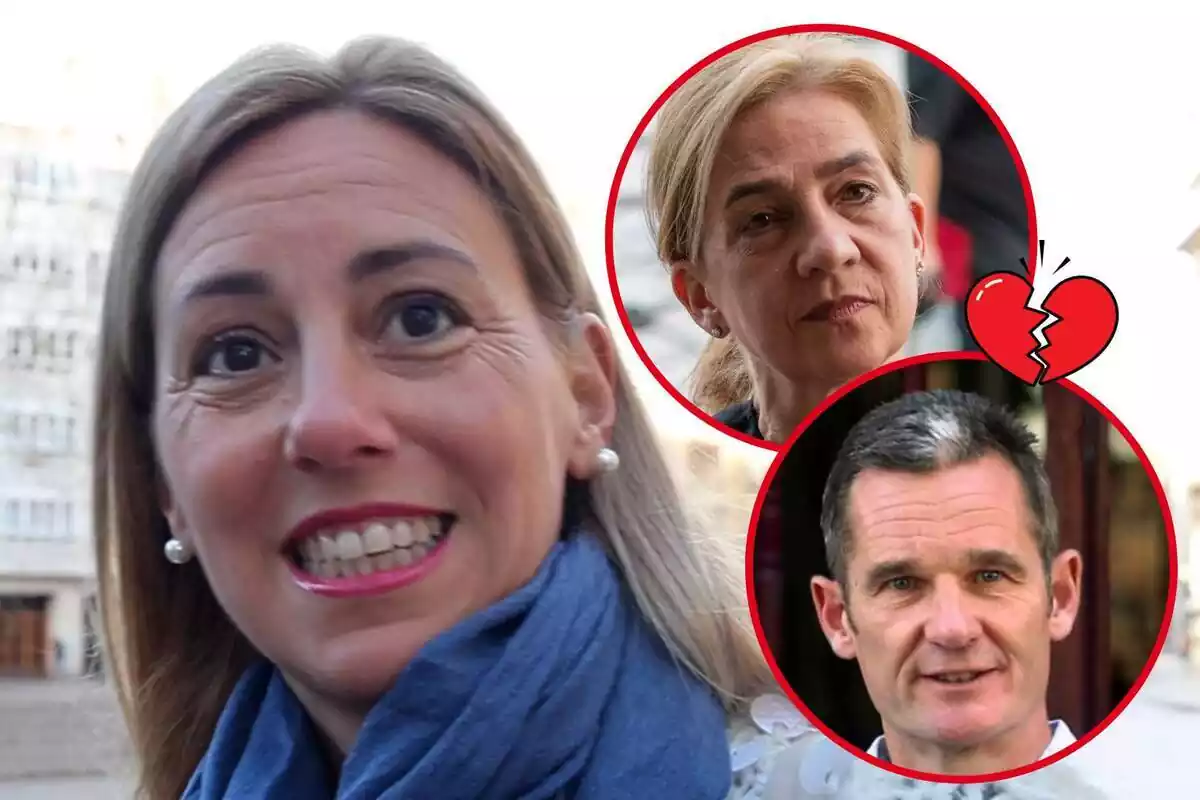 Muntatge de fotos d'Ainhoa Armentia somrient, Iñaki Urdangarin somrient i la Infanta Cristina amb rostre seriós i l'emoji d'un cor trencat al costat