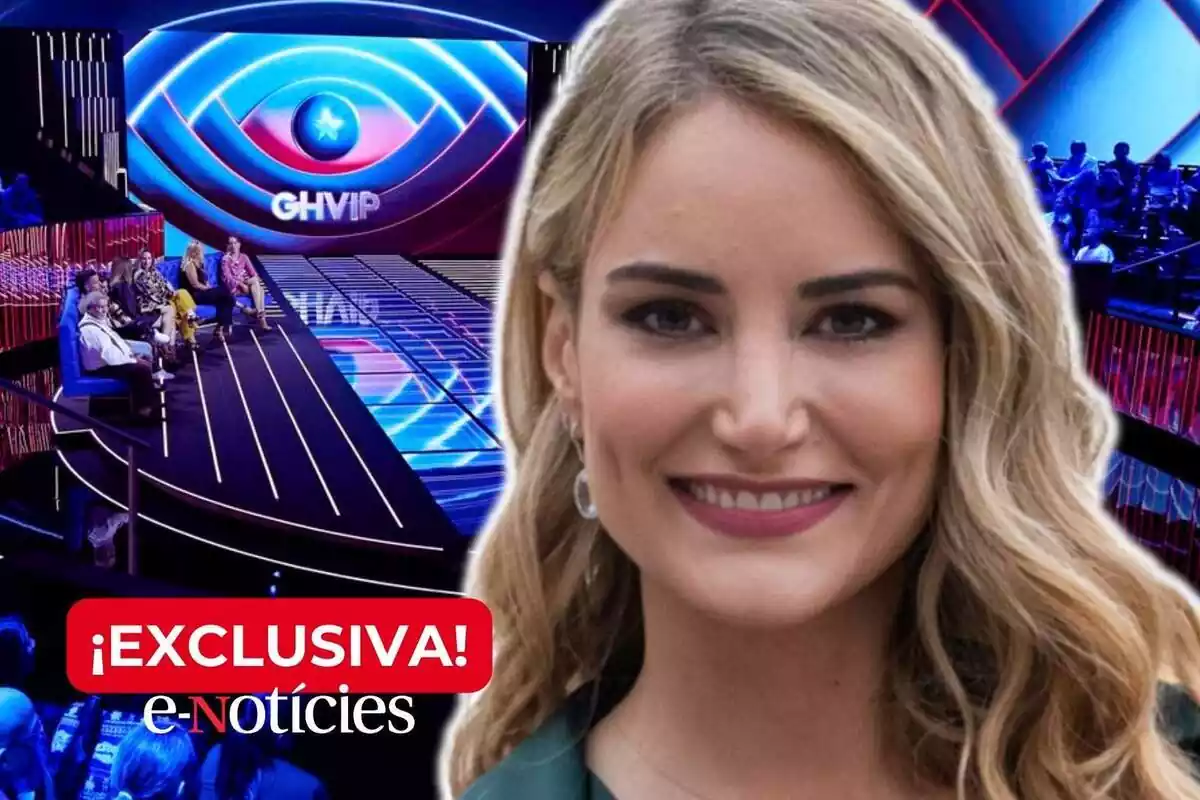 Muntatge de fotos d'Alba Carrillo amb el plató de 'Gran Hermano Vip' de fons i la paraula 'Exclusiva' al costat