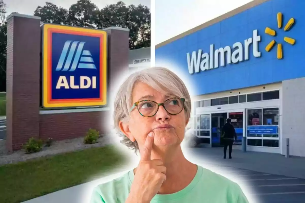 Montaje de fotos de una mujer pensativa frente a los letreros de Aldi y Walmart en Estados Unidos.