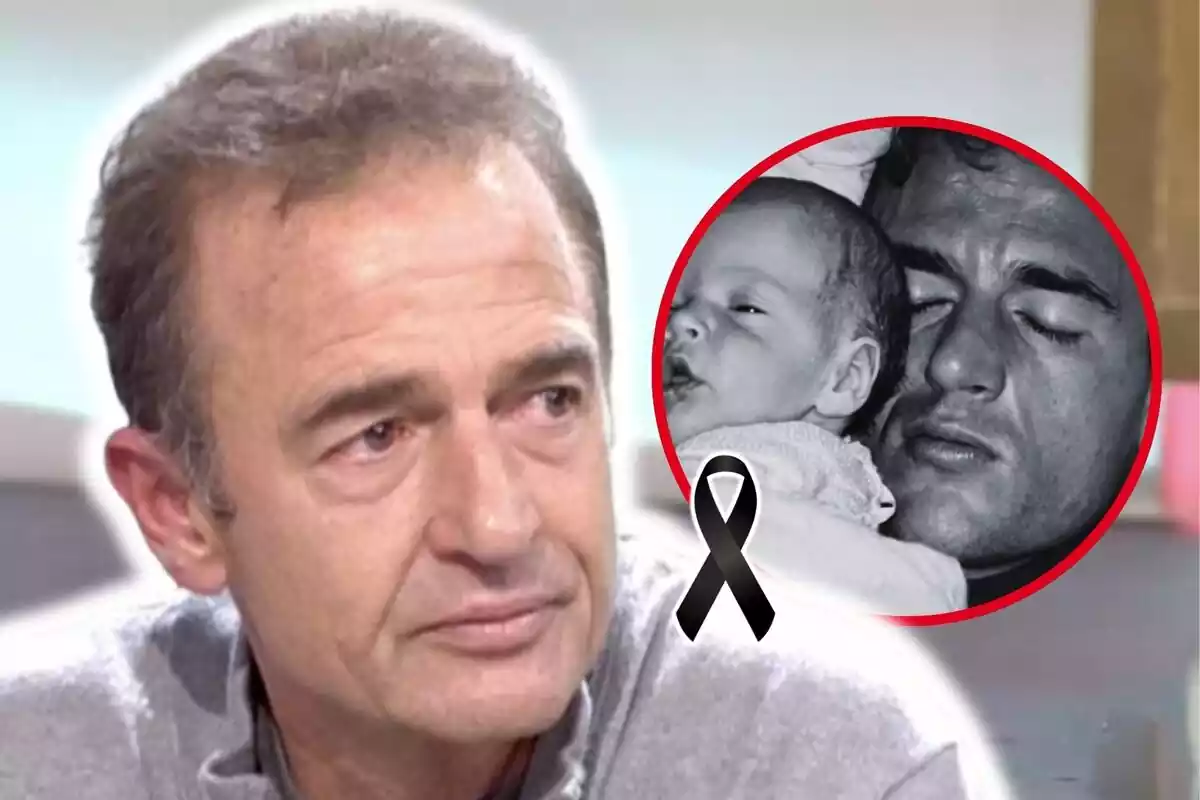 Muntatge de fotos de primer pla d'Alessandro Lequio amb cara trista i, al costat, una imatge d'ell amb el seu fill de nadó