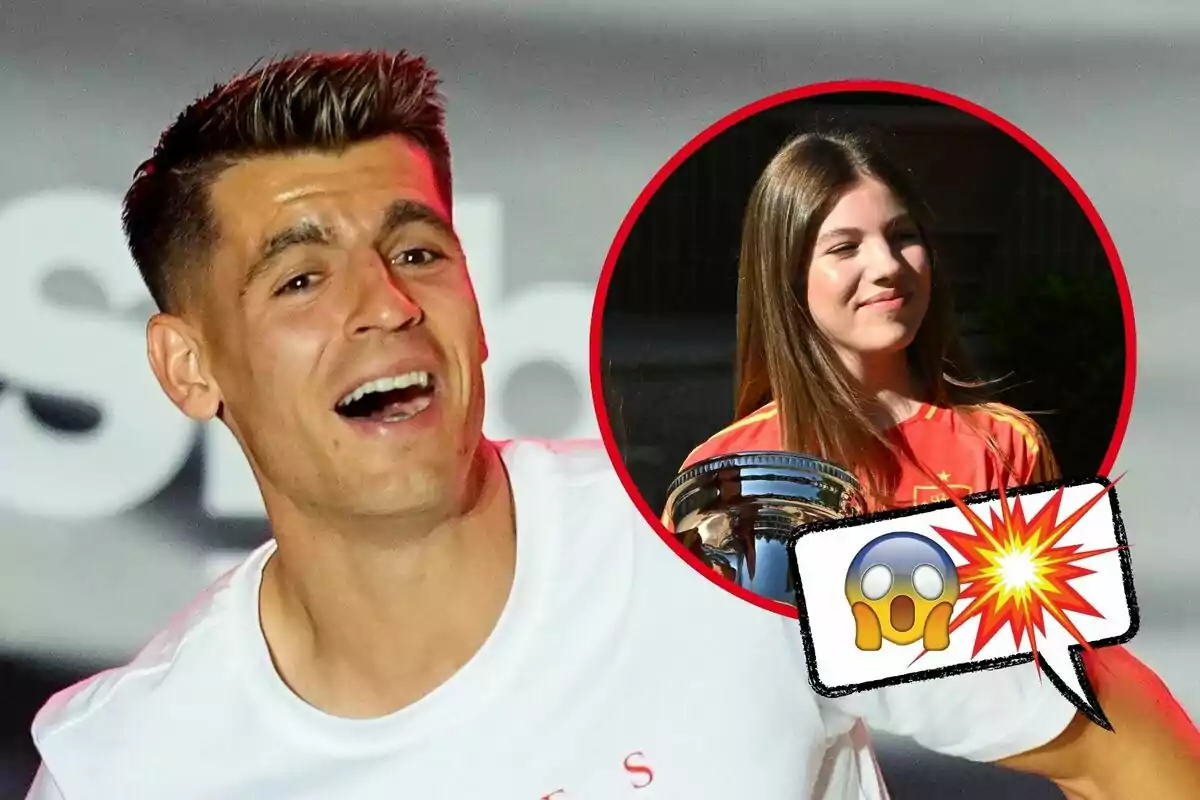 Álvaro Morata somrient amb una samarreta blanca i una imatge inserida de la infanta Sofia de Borbó amb una samarreta vermella sostenint un trofeu, acompanyada d'un emoji de sorpresa i explosió.