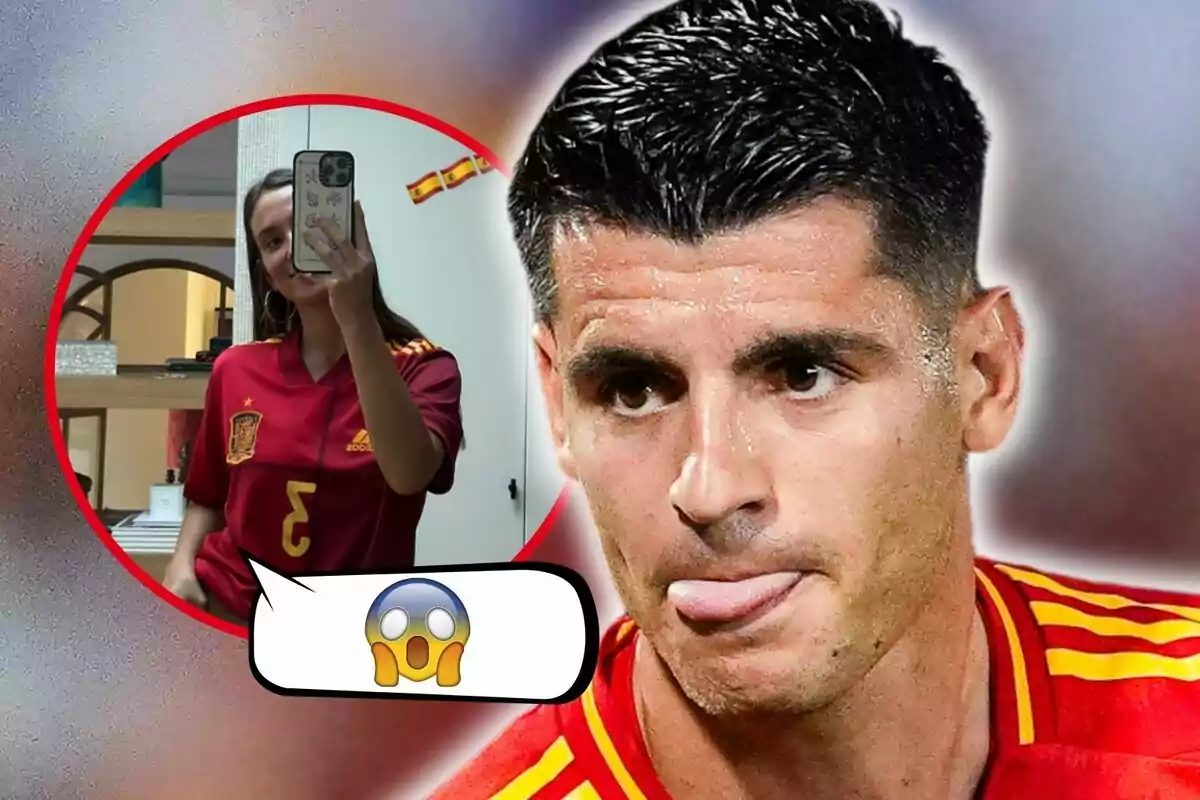 María Pombo prenent una selfie amb la samarreta de la selecció espanyola de futbol i Álvaro Morata en primer pla amb una expressió facial i un emoji de sorpresa.