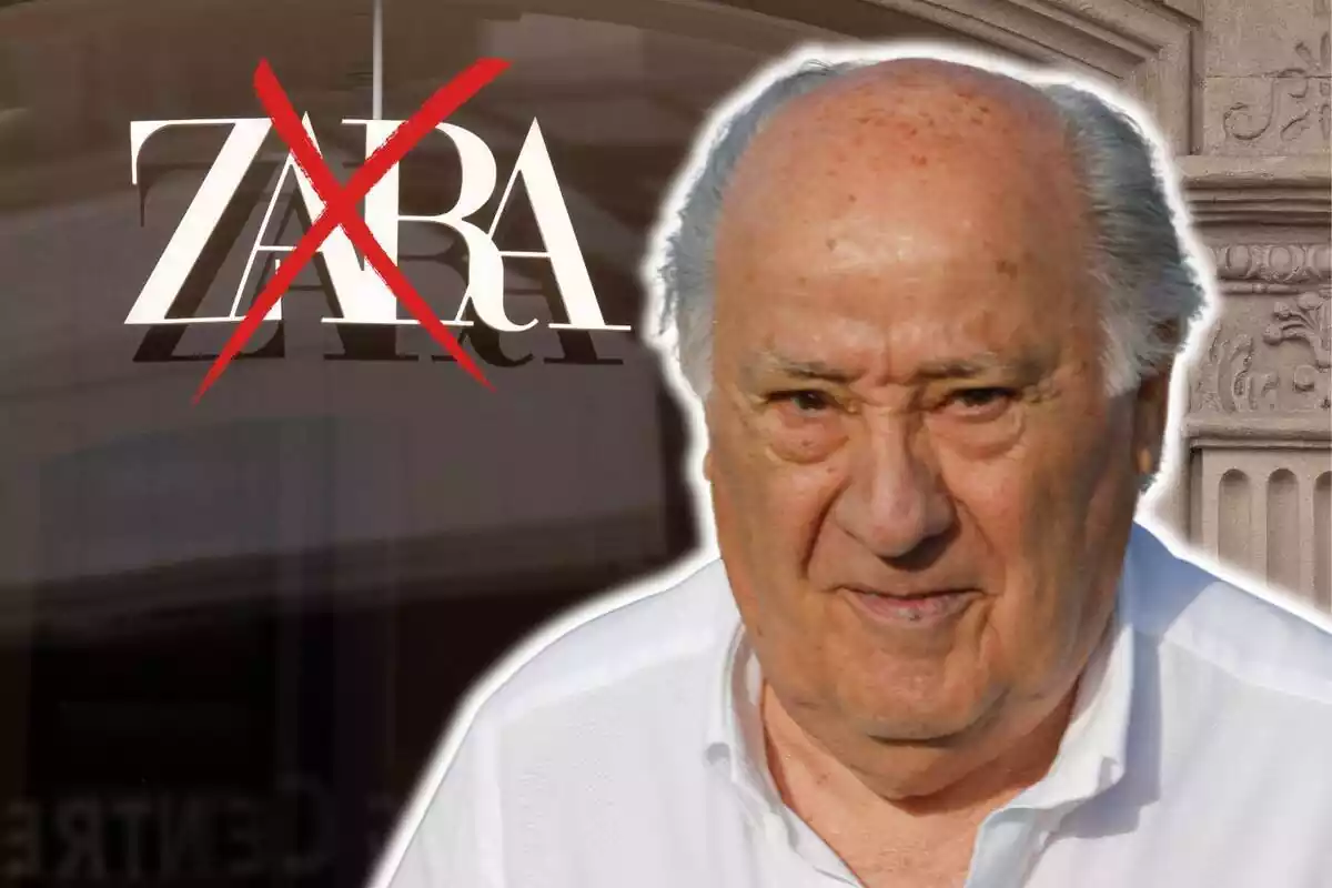 Muntatge de fotos de primer pla d'Amancio Ortega amb rostre seriós i, de fons, una imatge d'una botiga Zara amb el logotip ratllat