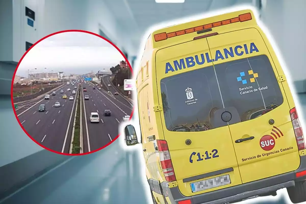 Muntatge de fotos de primer pla de la part del darrere d'una ambulància de Tenerife i, al costat, el plànol general d'una carretera