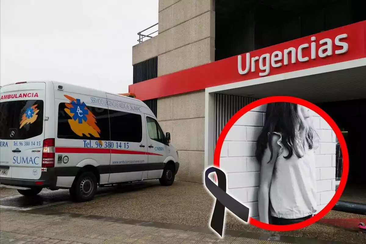 Ambulància estacionada davant de l’entrada d’urgències d’un hospital amb un requadre que mostra una nena en blanc i negre al costat d’un llaç negre de dol.