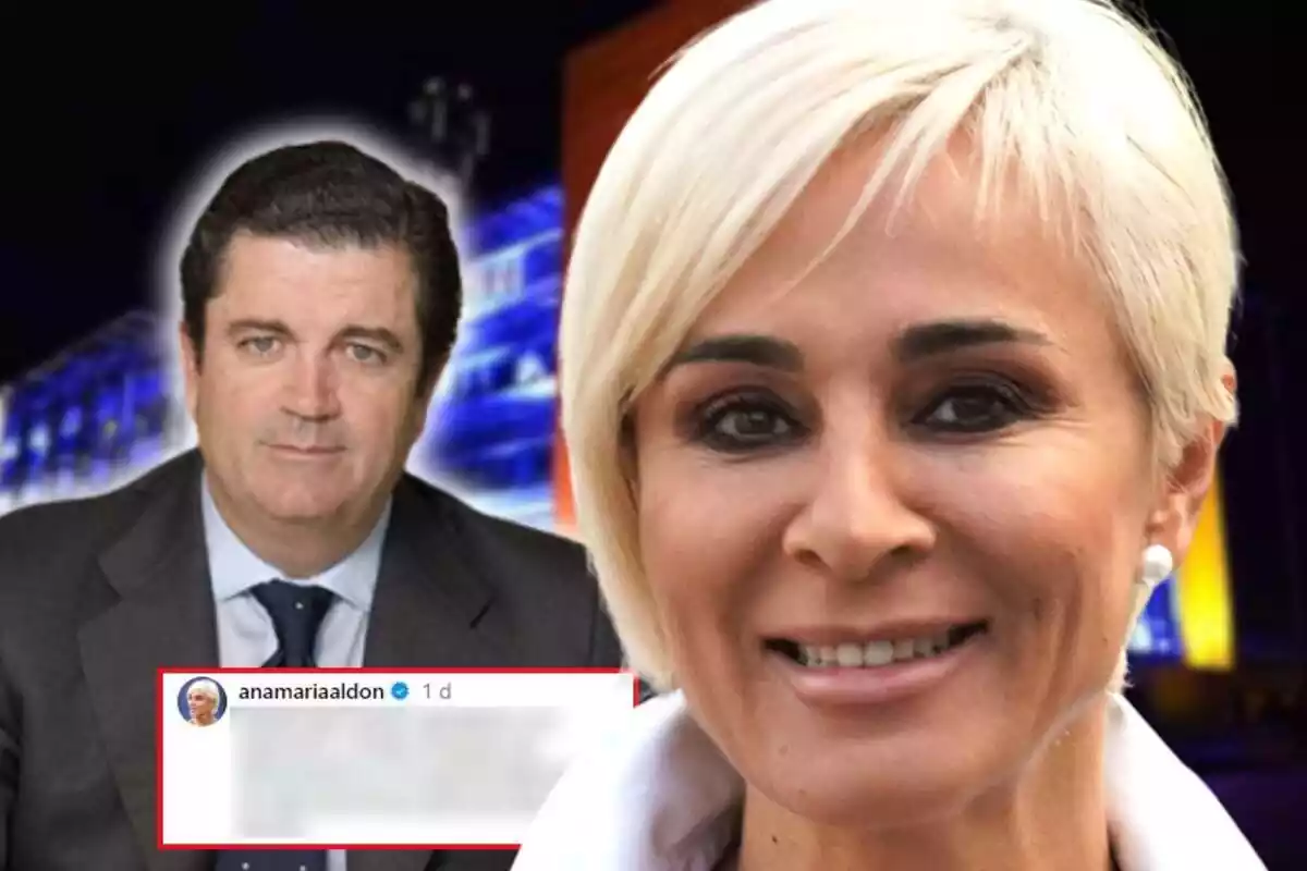 Muntatge de fotos de primer pla d'Ana María Aldón somrient i, al costat, una imatge de Borja Prado amb rostre somrient i les instal·lacions de Mediaset de fons