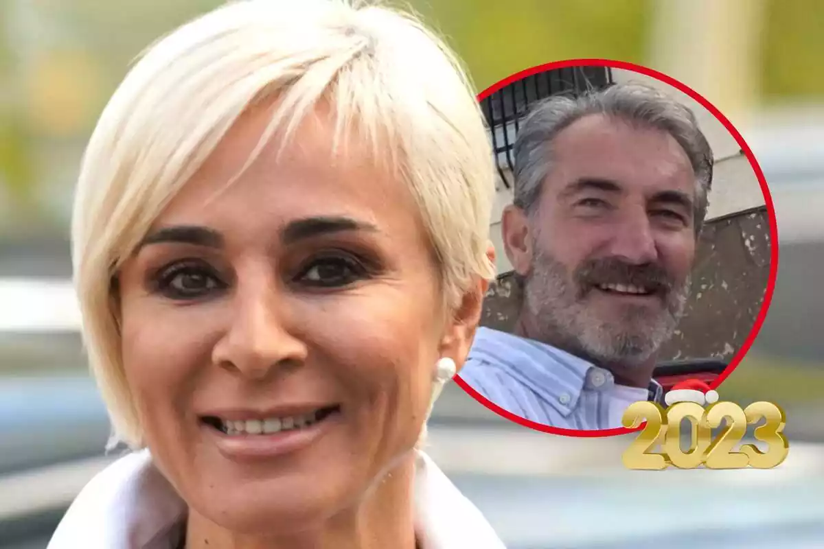 Muntatge de fotos de primer pla d'Ana María Aldón i el seu xicot Eladio amb un emoji del 2023 al costat