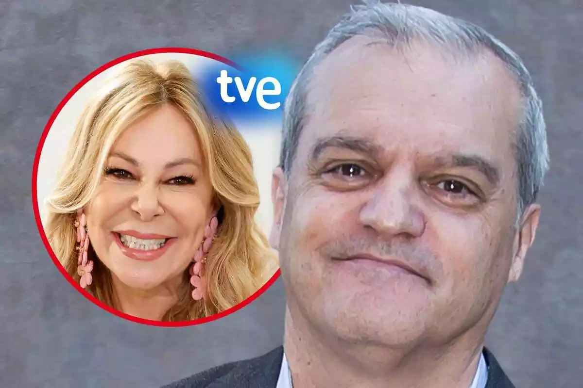 Muntatge de fotos de primer pla de Ramón García i Ana Obregón, amb rostre somrient, i el logotip de TVE al costat