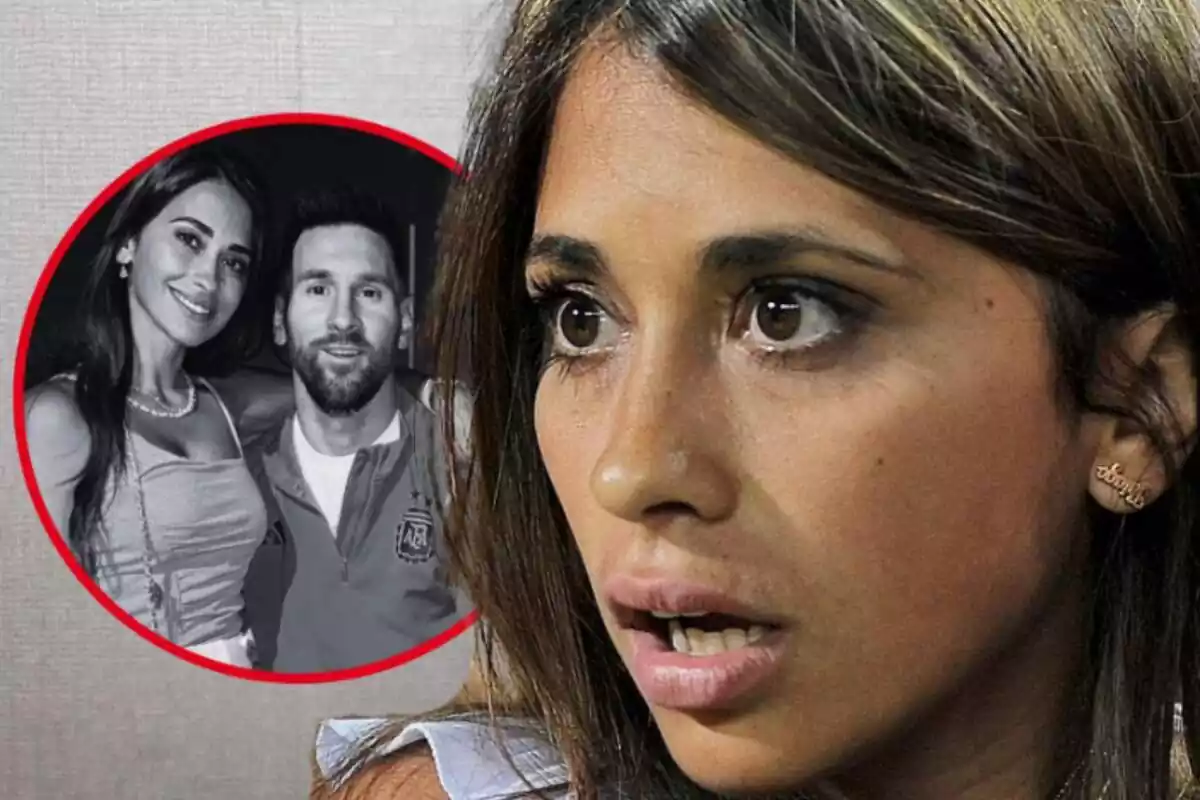 Muntatge de fotos de primer pla d'Antonela Roccuzzo, amb cara seriosa, i al costat una imatge amb Leo Messi