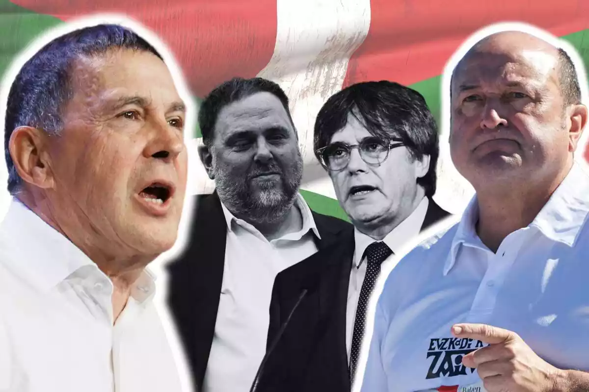 Muntatge de fotos d'Arnaldo Otegi, Oriol Junqueras, Carles Puigdemont i Andoni Ortuzar, tots quatre amb rostre seriós