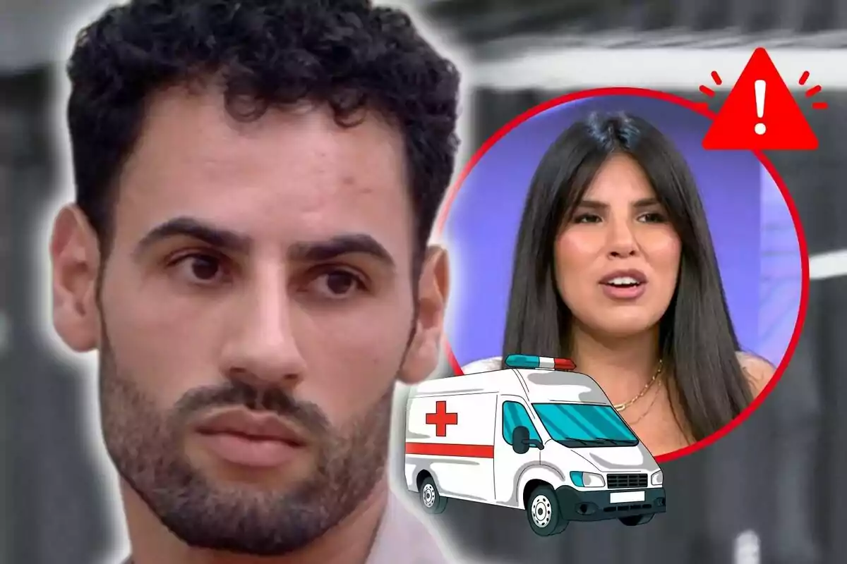 Asraf Beno con barba y cabello rizado aparece en primer plano, mientras que en un círculo rojo a la derecha se ve a Isa Pantoja hablando, junto a un ícono de ambulancia y un símbolo de advertencia.