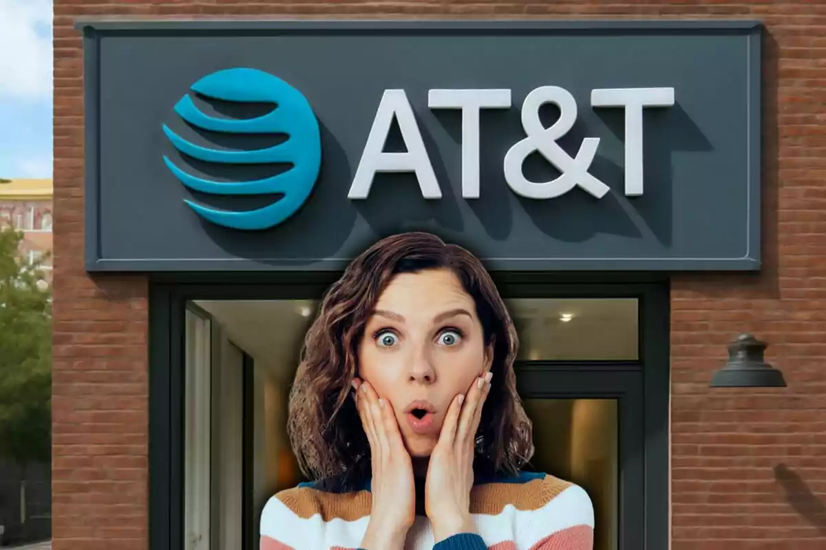 Una mujer con expresión de sorpresa frente a una tienda de AT&T.