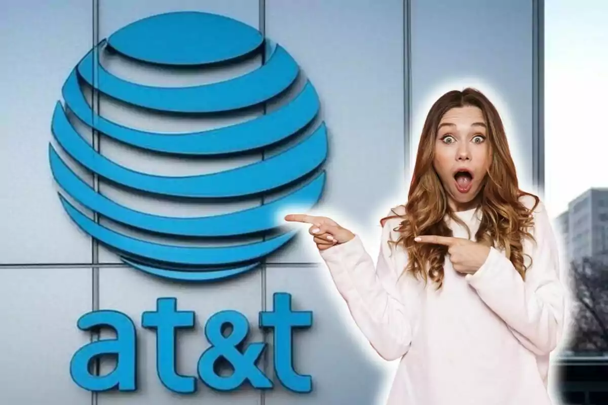 A surprised woman points to the logo of a telecommunications company, which is AT&T, on a wall. A surprised woman points to the logo of a telecommunications company, which is AT&T, on a wall.