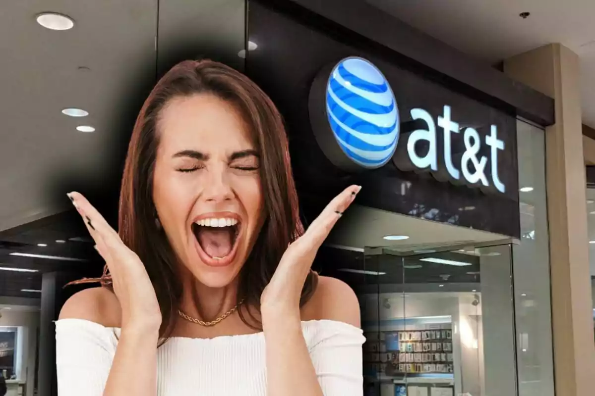 Montaje de fotos de una mujer emocionada frente a una tienda de AT&T en Estados Unidos.