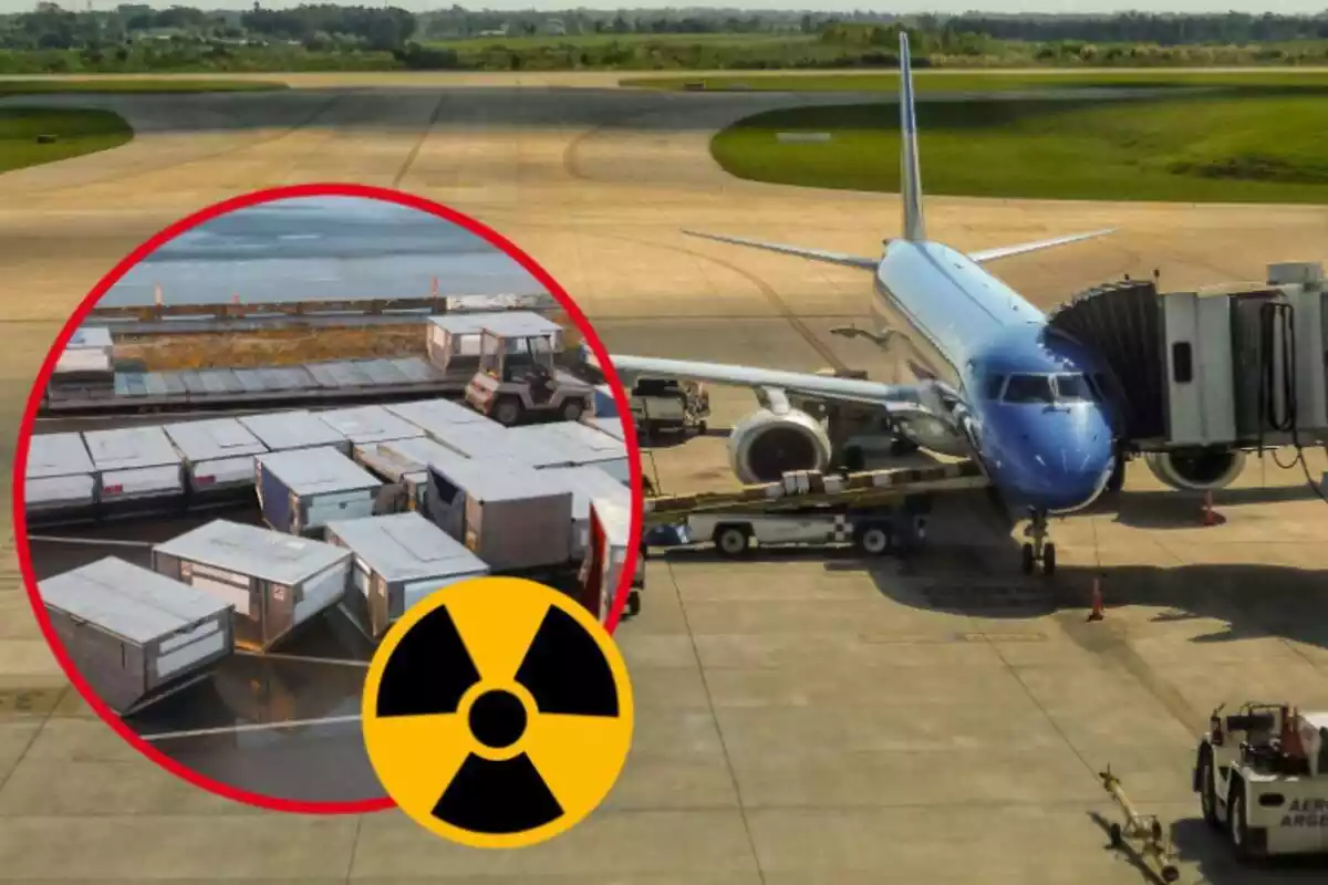 Muntatge de fotos d'un avió aparcat a un aeroport i, al costat, la imatge del celler del vehicle