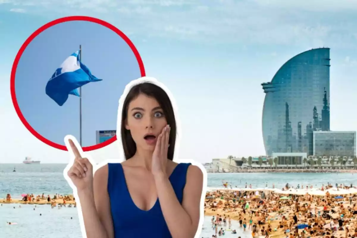 Muntatge de fotos d´una platja de Barcelona i, al costat, una bandera blava amb una dona amb rostre de sorpresa