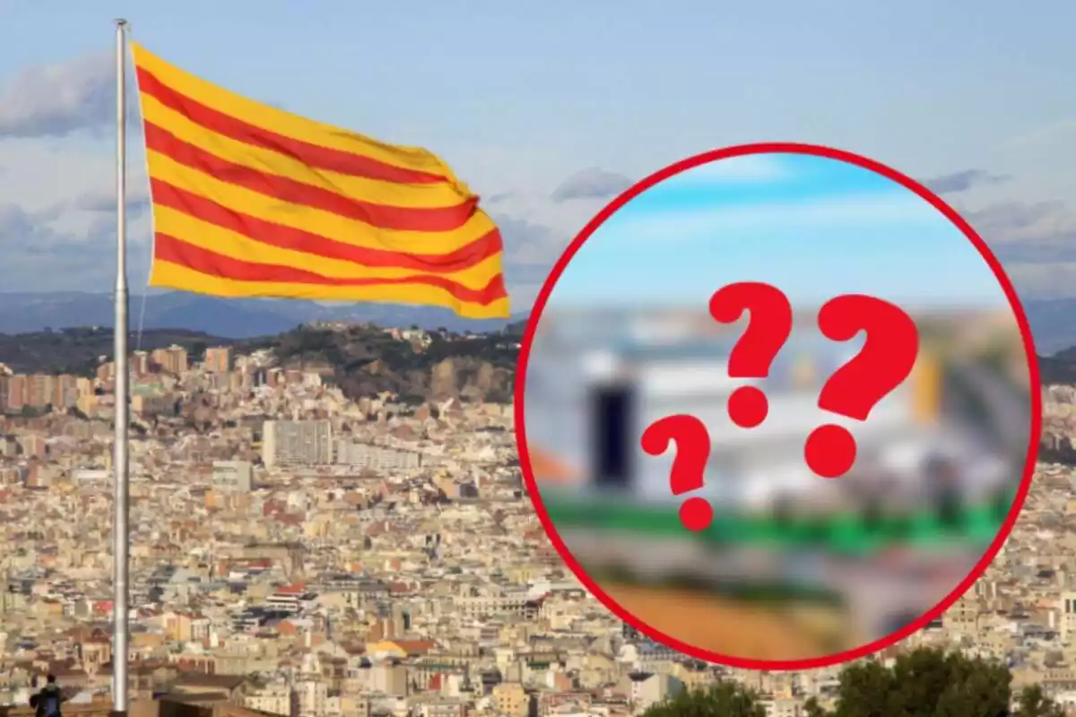Muntatge de fotos d´un plànol general d´una ciutat catalana amb una bandera de Catalunya i, al costat, una imatge borrosa amb interrogants