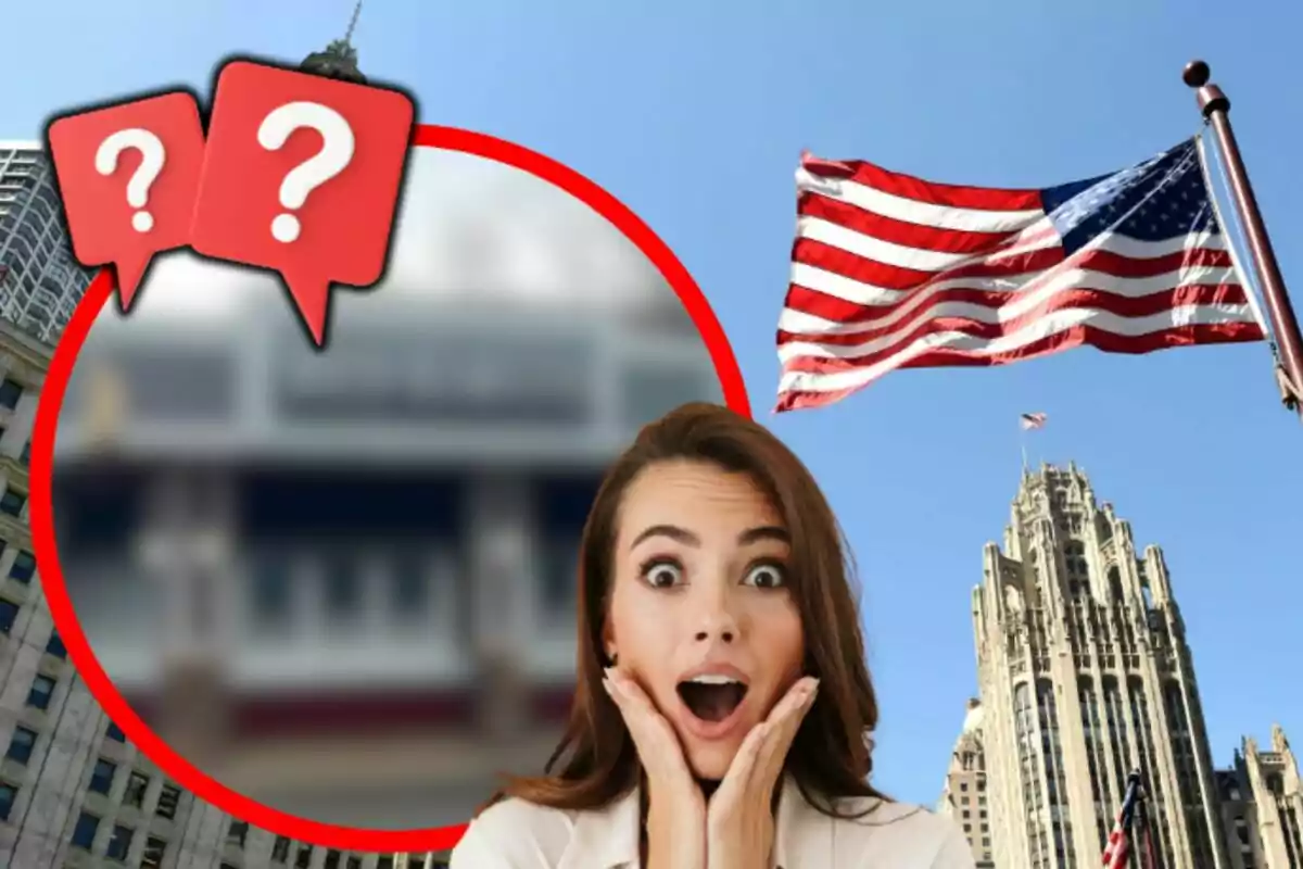 Woman surprised with a background of the American flag and buildings.