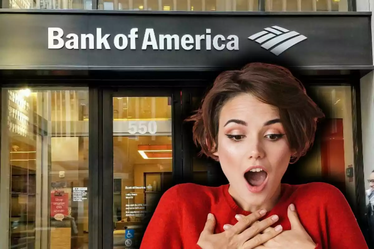 Una mujer con expresión de sorpresa frente a la entrada de un Bank of America.