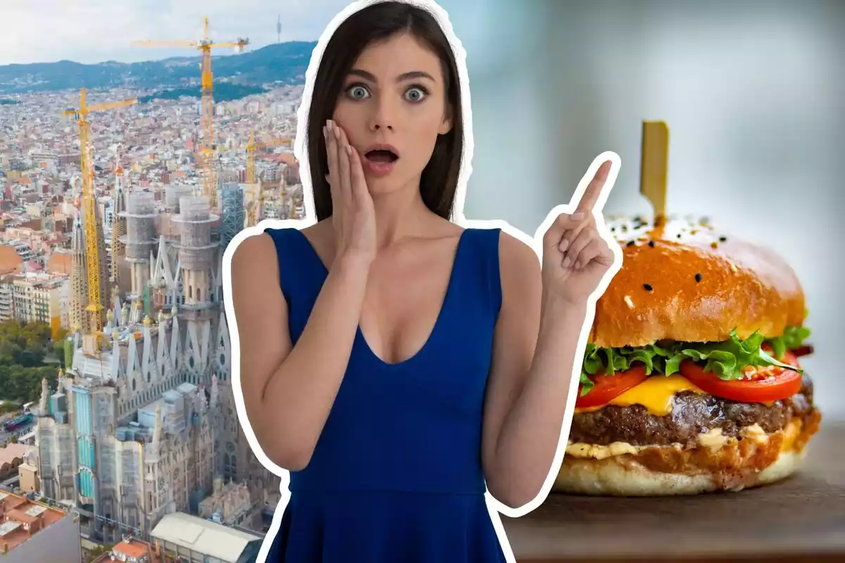 Muntatge de fotos d'un plànol general de Barcelona i, al costat, una hamburguesa; al centre de la imatge, una persona amb rostre de sorpresa