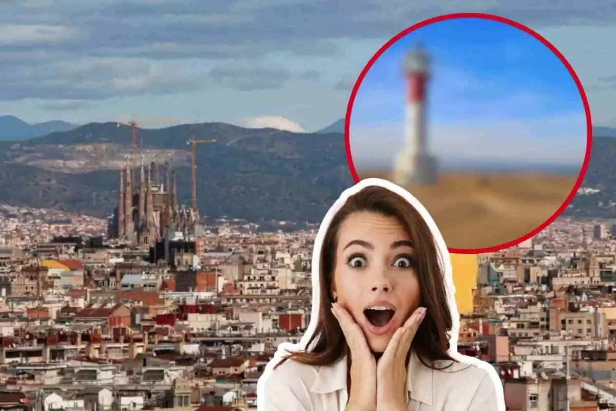 Muntatge amb una imatge de la ciutat de Barcelona, una persona sorpresa i una imatge de far difuminada