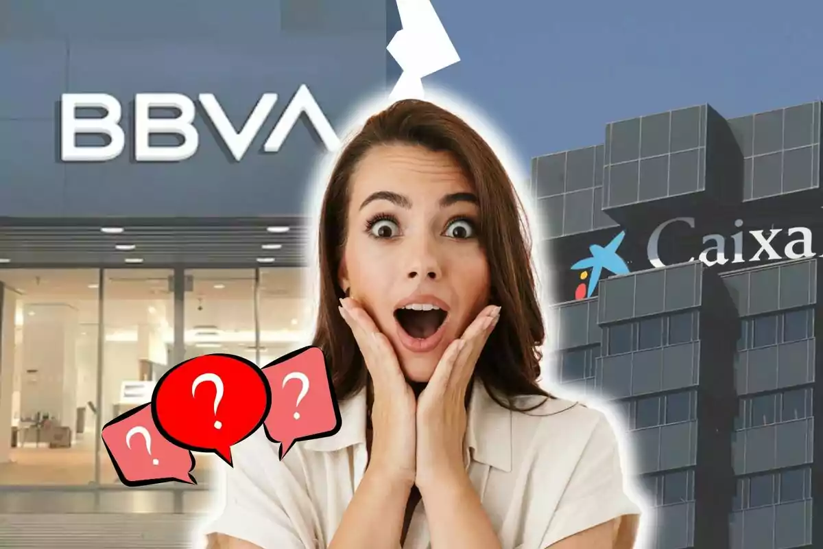 Una dona amb expressió de sorpresa és al centre de la imatge, amb logos dels bancs BBVA i CaixaBank al fons i diverses icones de signes d'interrogació vermelles al seu voltant.