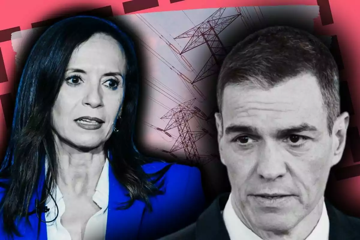 Muntatge de fotos de primer pla de Beatriz Corredor i Pedro Sánchez, tots dos amb rostre seriós; i, de fons, una imatge de torres elèctriques i un efecte de color vermell.
