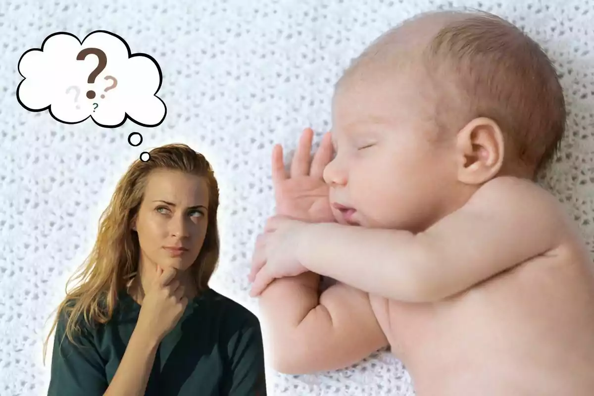 Muntatge de fotos d'un nadó dormint i al costat una persona pensativa amb interrogants al costat