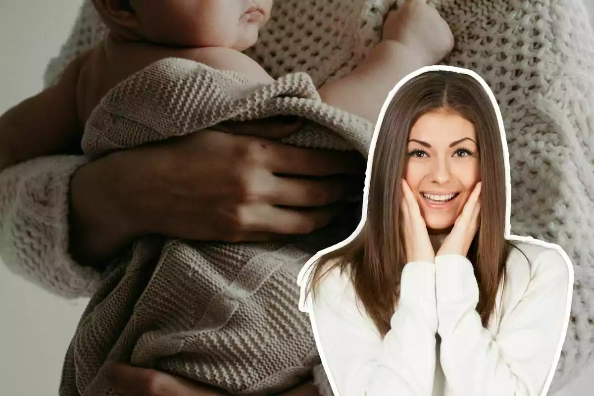 Muntatge de fotos d'un nadó als braços i, al costat, una dona amb cara feliç