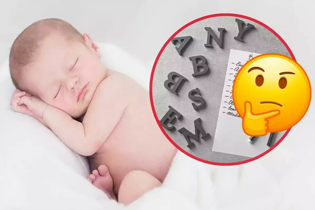 Muntatge de fotos de nadó nounat i, al costat, una llista de noms i un emoji pensatiu