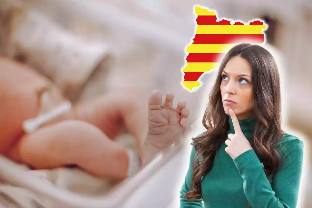 Una dona pensativa amb un mapa de Catalunya i un nadó al fons.