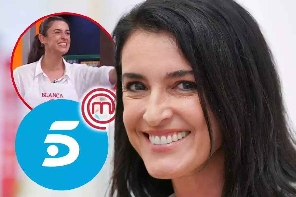 Muntatge de fotos de primer pla de Blanca Romero somrient i, al costat, una imatge d'ella a 'MasterChef' i el logotip de Telecinco