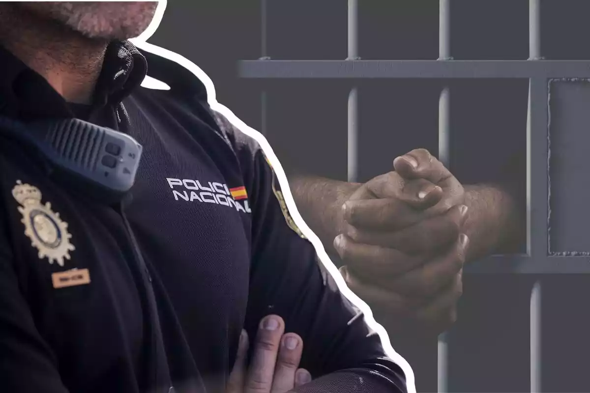 Muntatge de fotos d'unes mans sortint de les reixes d'una presó i, al costat, un agent de policia de braços plegats