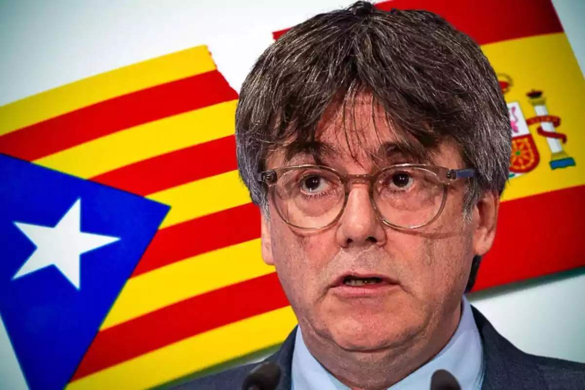 Muntatge de fotos de primer pla de Carles Puigdemont amb cara seriosa i, de fons, una imatge de la bandera estelada i l'espanyola