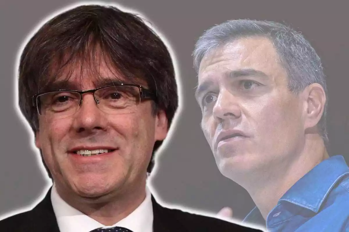 Muntatge de fotos de primer pla de Carles Puigdemont somrient i Pedro Sánchez amb cara de preocupació